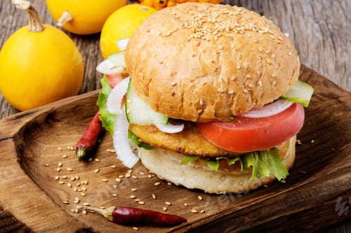 Preview: Diet Hamburger With Fresh Vegetables And Pumpkin Cutlet.Appetizing Squash Burgers