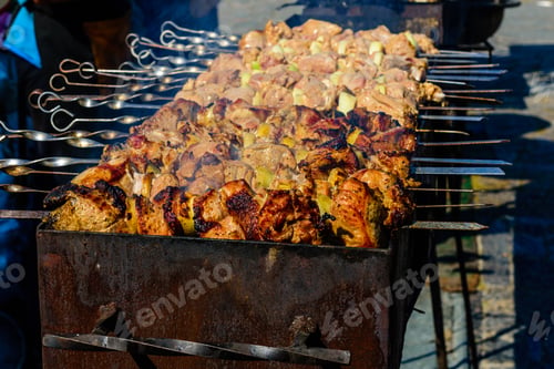 Preview: Skewers With Meat Over Charcoals. Cooking Shashlik