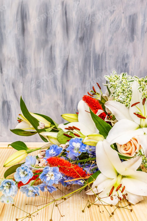 Preview: Bouquet Of Summer Festive Flowers. The Concept Of A Romantic Gift. Bridal Bouquet. Light Wooden