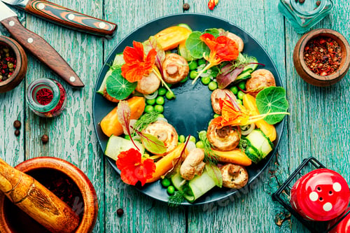 Preview: Summer Vegetable Salad Decorated With Nasturtium Flowers