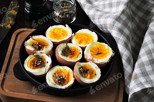 Preview: Halved Boiled Eggs With Shells. Stylish Breakfast With Eggs. Keto Snack Soft Boiled Eggs.