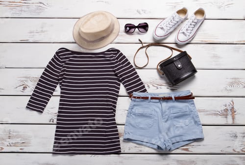 Preview: Top With Shorts And Shoes. Light Blue Shorts And Hat. Girl'S Classic Rubber Shoes. Clothing Sale In