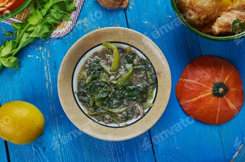 Preview: Dal Kosu Xaak, Assamese Cuisine South-East Asia Traditional Assorted Dishes, Top View.
