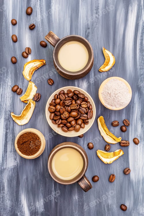 Preview: Mushroom Chaga Coffee Superfood Trend. Сeramic Bowls And Cups, Coffee Beans, Dry Mushrooms, Powder