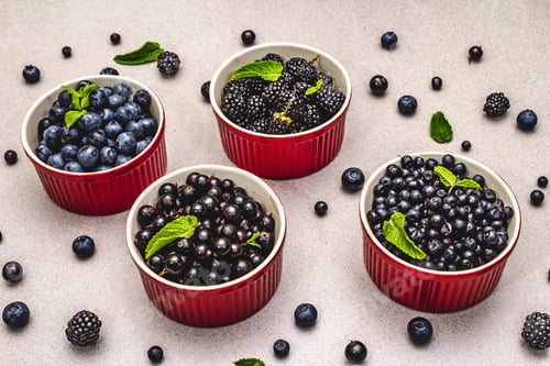 Preview: Assorted Berries In Blue And Black Colors: Bilberry, Blueberry, Currant And Blackberry. Stone