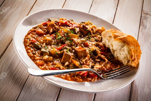 Preview: Roast Pork Meat With Rice And Vegetables On Wooden Background