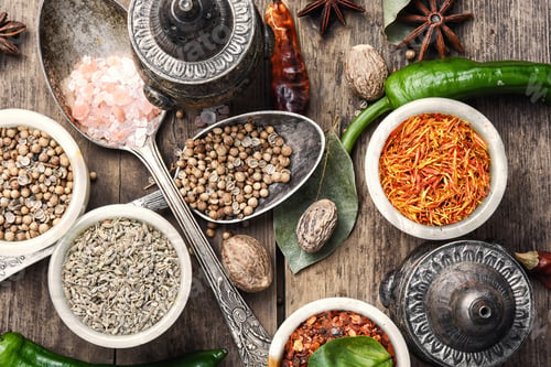 Preview: Set Of Aromatic Indian Spices And Condiments On Wooden Retro Background