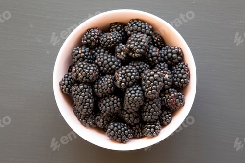 Preview: Blackberries In A Pink Bowl Over Black Background, Top View. Summer Berry. From Above, Overhead