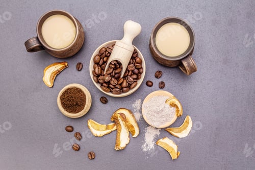 Preview: Mushroom Chaga Coffee Superfood Trend. Сeramic Bowls And Cups, Coffee Beans, Dry Mushrooms, Powder