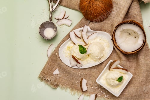 Preview: Lactose Free Coconut Ice Cream. Special Spoon, Halves Of Fruit, Flakes. Vegan Dessert Concept