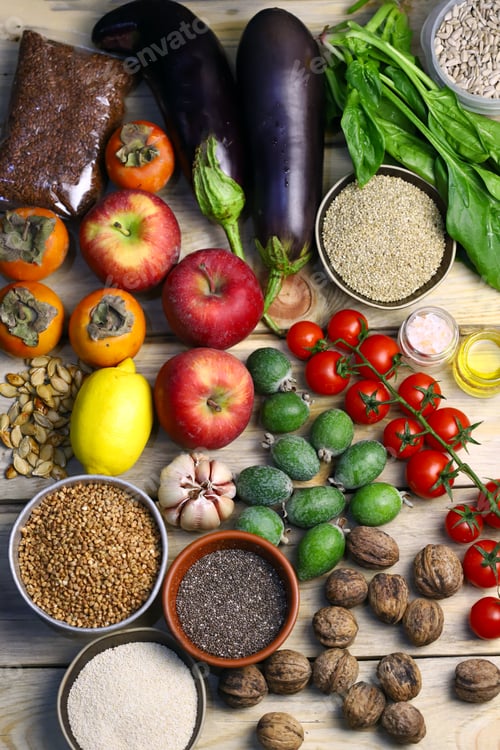 Preview: A Set Of Useful Products For A Healthy Diet. Vegetables, Fruits, Herbs, Seeds. Cherry Tomatoes