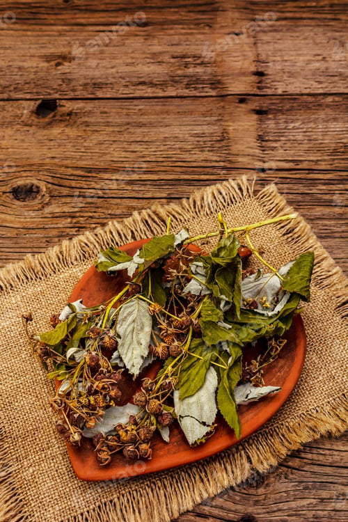 Preview: Dry Leaves, Flowers And Berries Of Raspberry. Herbal Ingredient For Cooking Healthy Tea