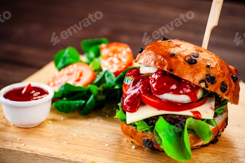 Preview: Tasty Burger Served On Cutting Board