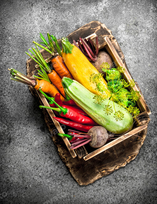 Preview: Organic Food. Fresh Harvest Of Vegetables In An Old Box. On A Rustic Background.