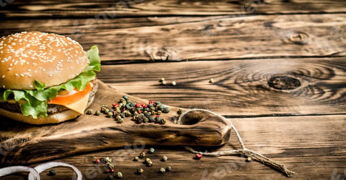 Preview: A Burger On An Old Wooden Board With Spices. On Wooden Background.