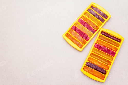 Preview: Frozen Assortment Of Fruit Purees In The Form Of Sticks. Summer Healthy Eating Concept, Baby Food
