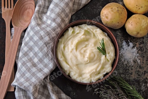 Preview: Mashed Potatoes With Herbs In A Bowl. Flat Lay.