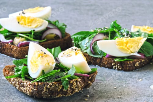 Preview: Healthy Toasts With Arugula And Egg. Keto Lunch. Open Sandwiches With Greens And Eggs.