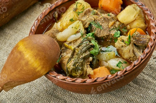 Preview: Slow Cooked Scottish Beef Stew, Scottish Cuisine, Traditional Assorted Dishes, Top View.