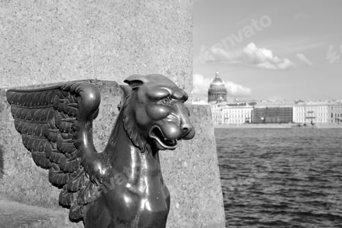 Preview: Griffin Statue - Bronze Winged Lion On The University Embankment In St. Petersburg. Russia. Black