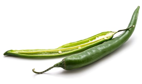 Preview: Green Chili Peppers, One Whole And Half, Isolated On White Background