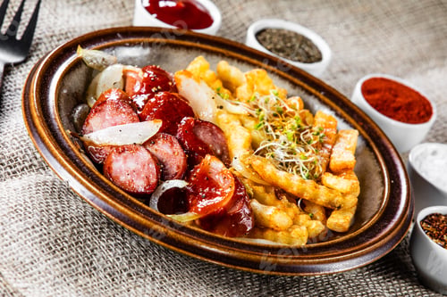 Preview: Grilled Sausages, French Fries And Vegetables