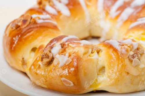 Preview: Fresh Home Baked Sweet Bread Donut Cake With Almonds And Icing Sugar On Top