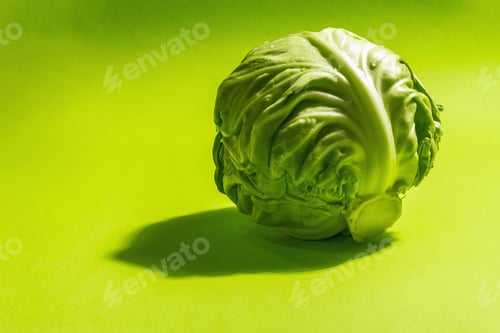 Preview: Fresh Young Cabbage, Whole Head In Bright Green Background. Modern Hard Light, Dark