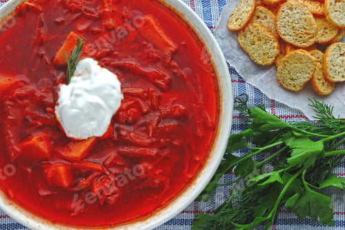 Preview: Fresh Homemade Tomato Soup With Croutons And Herbs. Borscht.