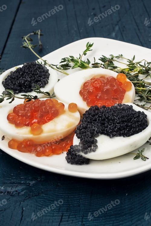 Preview: Chicken Egg With Red And Black Caviar
