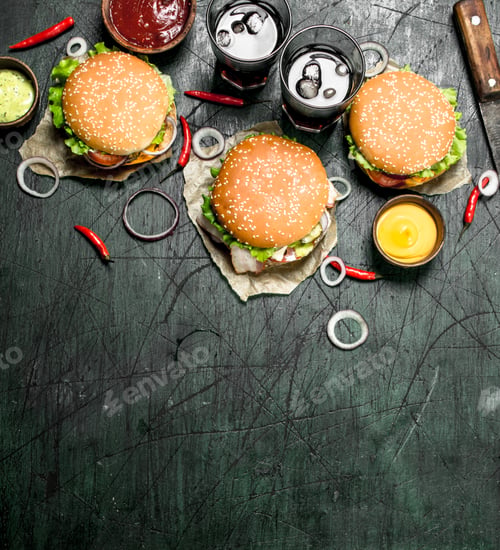 Preview: Fast Food. Fresh Burgers With Cola. On A Rustic Background.