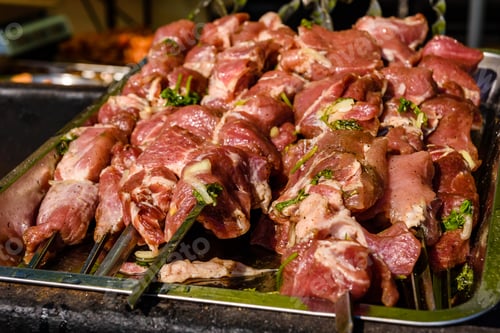 Preview: Skewers With Raw Meat Over Charcoals. Cooking Shashlik