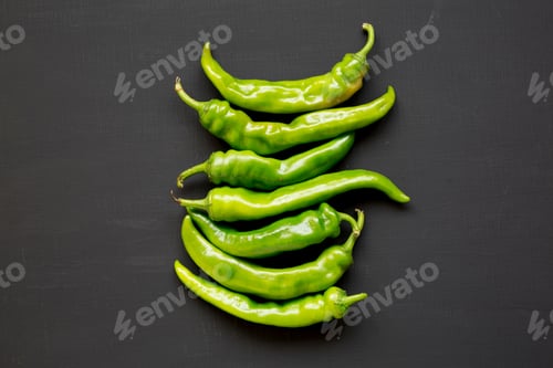 Preview: Green Chili Peppers On Black Background, Top View. Flat Lay, From Above, Overhead. Close-Up.