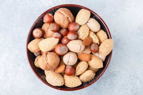 Preview: Assorted Nuts In The Peel-Almonds, Hazelnuts, Pecans, Walnuts. Gourmet Snack. Healthy Food