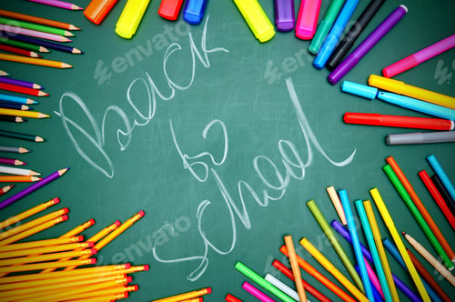 Preview: Back To School. Pencils, Felt-Tip Pens Against A School Board.