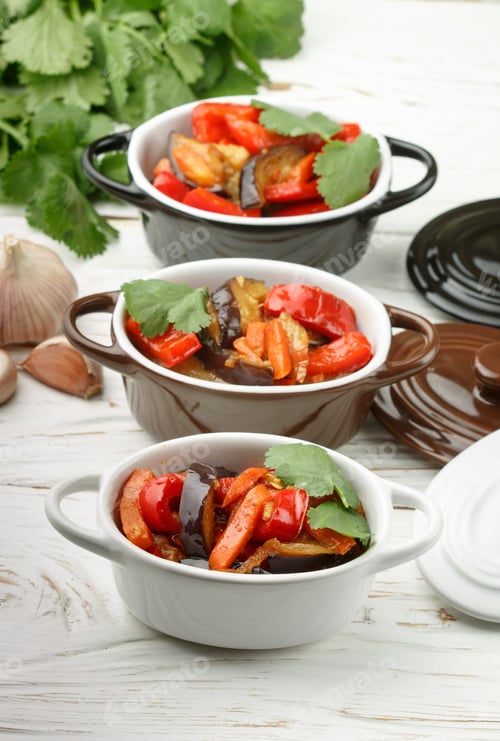 Preview: Baked Vegetables In Portion Pots. Eggplant, Bell Pepper, Carrot, Onion, Garlic, Cilantro