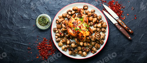 Preview: Appetizing Little Chicken Or Hen Baked With Mushrooms Champignons