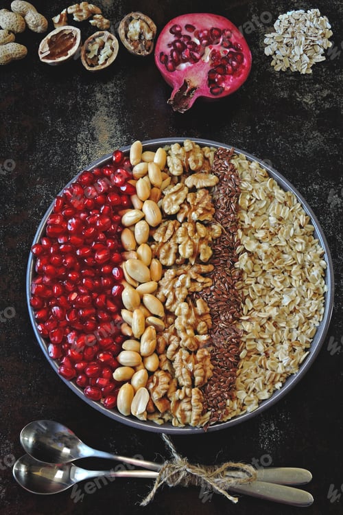 Preview: Vegan Bowl Of Oatmeal, Nuts And Fruit. Beautiful And Healthy Breakfast Or Snack. Healthy Eating