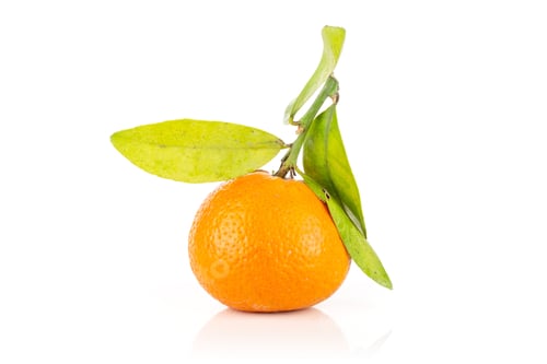 Preview: One Whole Fresh Orange Mandarine With Green Leaves Isolated On White Background