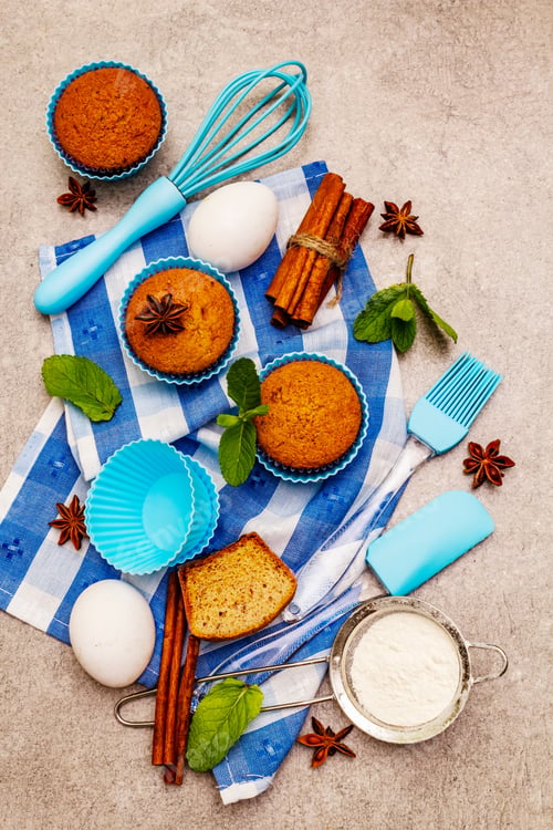 Preview: Homemade Cupcakes With Cinnamon, Star Anise And Fresh Mint. Bakery Concept, Set Of Ingredients For