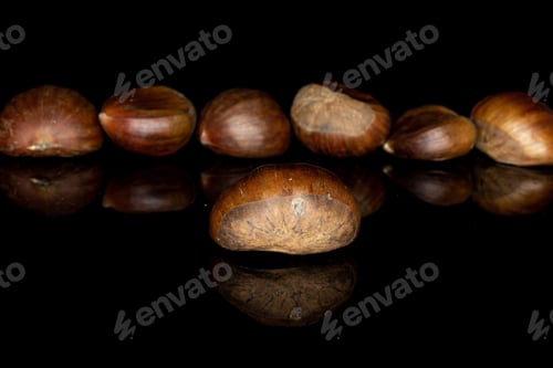 Preview: Group Of Seven Whole Edible Brown Chestnut Isolated On Black Glass