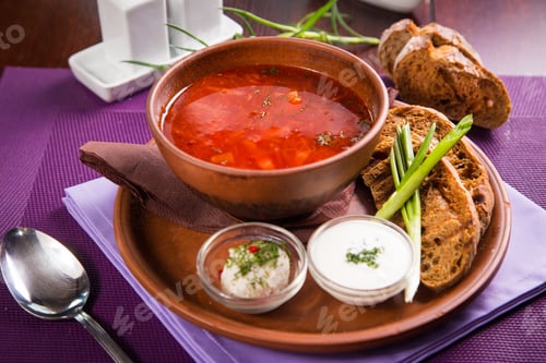 Preview: Ukrainian National Food-Borsch With Sour Cream And Green Onion
