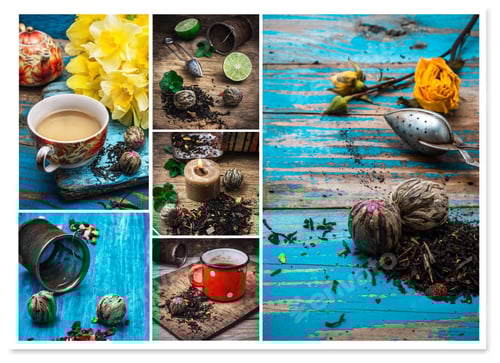 Preview: Collage Tea Paraphernalia And Scattered Leaves On Wooden Table