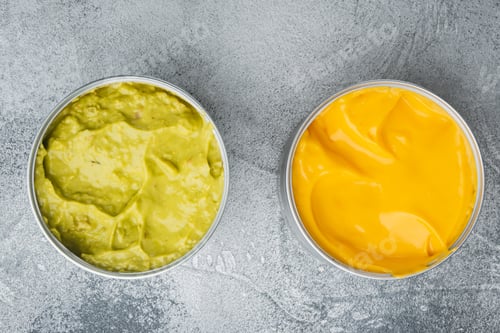 Preview: Canned Guacamole And Cheese Dip In Can, On Gray Background, Top View Or Flat Lay