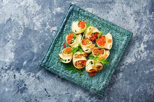 Preview: Festive, Banquet Pasta Dish Stuffed With Red Caviar.Macaroni Stuffed With Salmon Caviar.