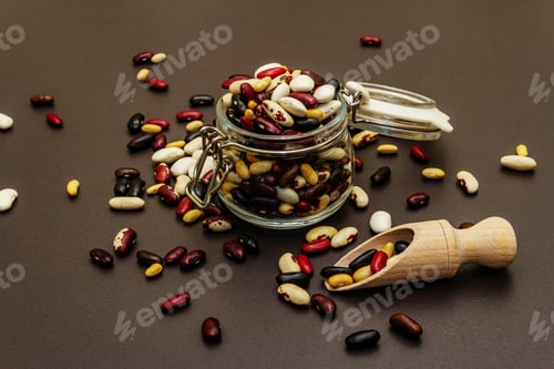 Preview: Assorted Different Types Of Beans In Glass Jar. Mix Of Various Dry Legumes On Black Stone Concrete