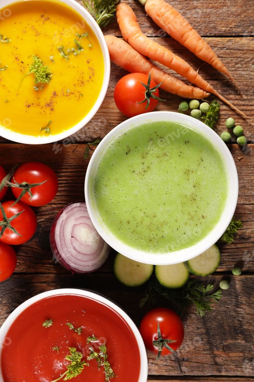 Preview: Bowl Of Vegetable Soup And Ingredient, Top View - Wood Background