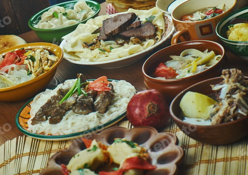 Preview: Kyrgyz , Cuisine, Traditional Assorted Central Asia Dishes, Top View.