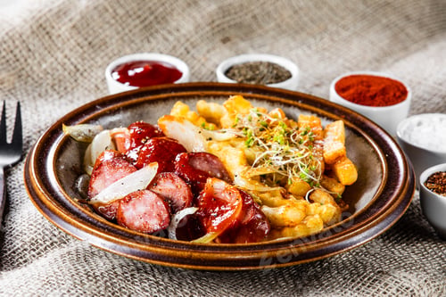 Preview: Grilled Sausages, French Fries And Vegetables