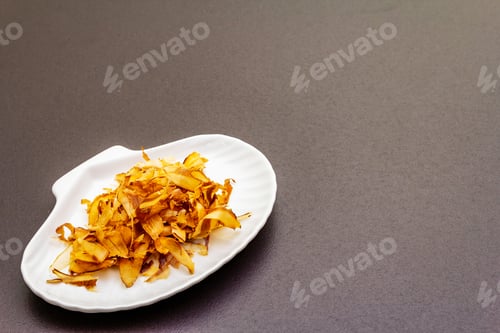 Preview: Tuna Shaving Katsuobushi, Bonito Flakes, Ingredient Of Japanese Soup Dashi. In A White Shell-Shaped